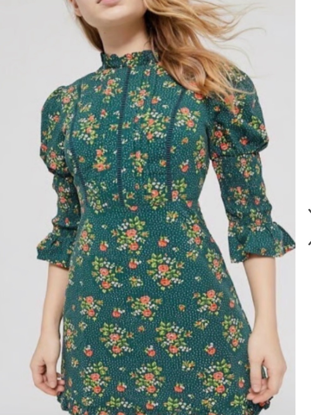 Laura Ashley Teal Green Floral Ruffle-Neck Mini Dress
